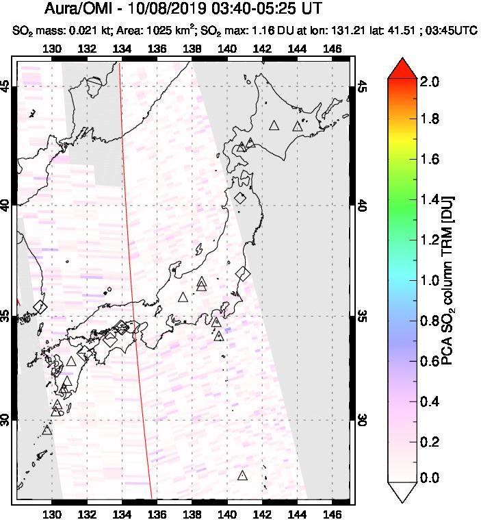 A sulfur dioxide image over Japan on Oct 08, 2019.