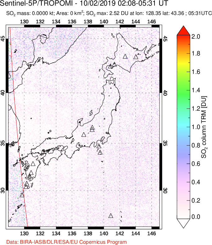 A sulfur dioxide image over Japan on Oct 02, 2019.