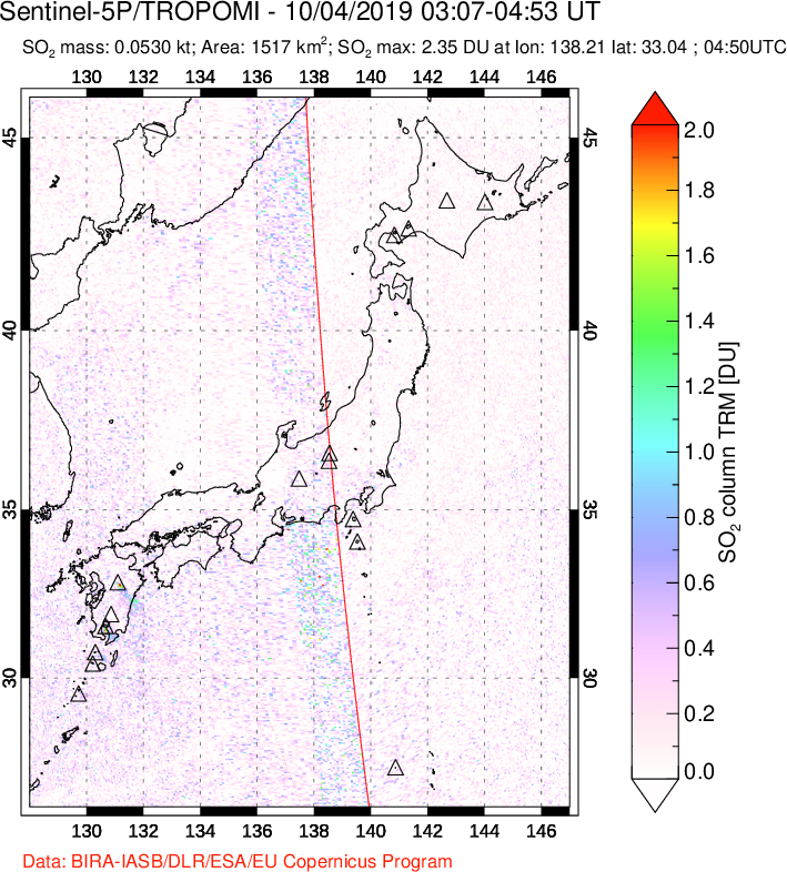 A sulfur dioxide image over Japan on Oct 04, 2019.