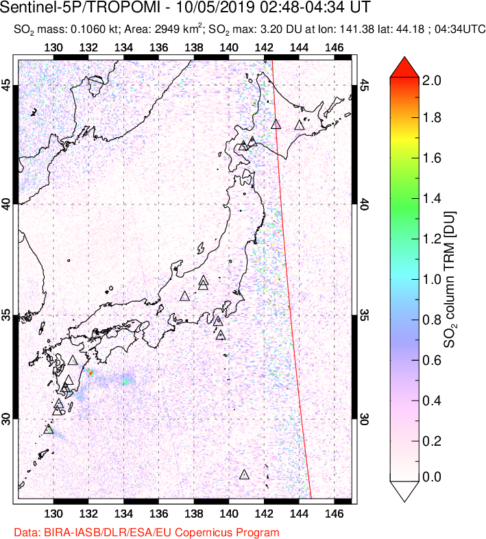 A sulfur dioxide image over Japan on Oct 05, 2019.