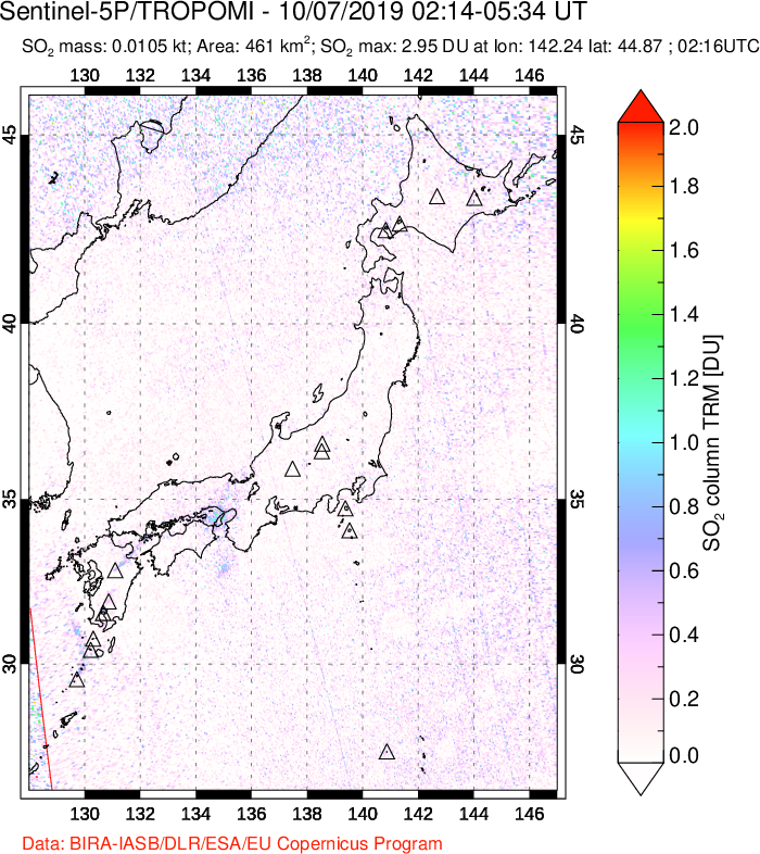 A sulfur dioxide image over Japan on Oct 07, 2019.