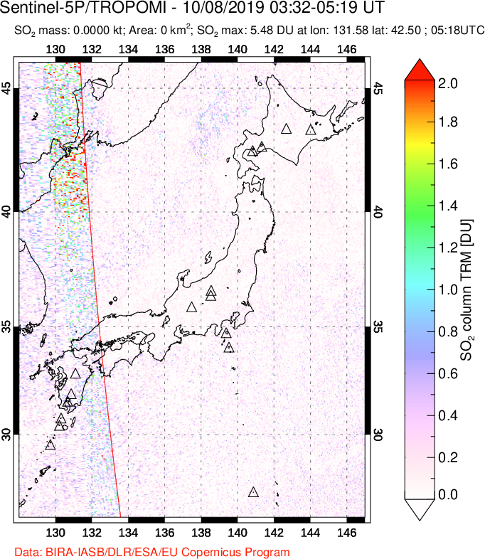 A sulfur dioxide image over Japan on Oct 08, 2019.