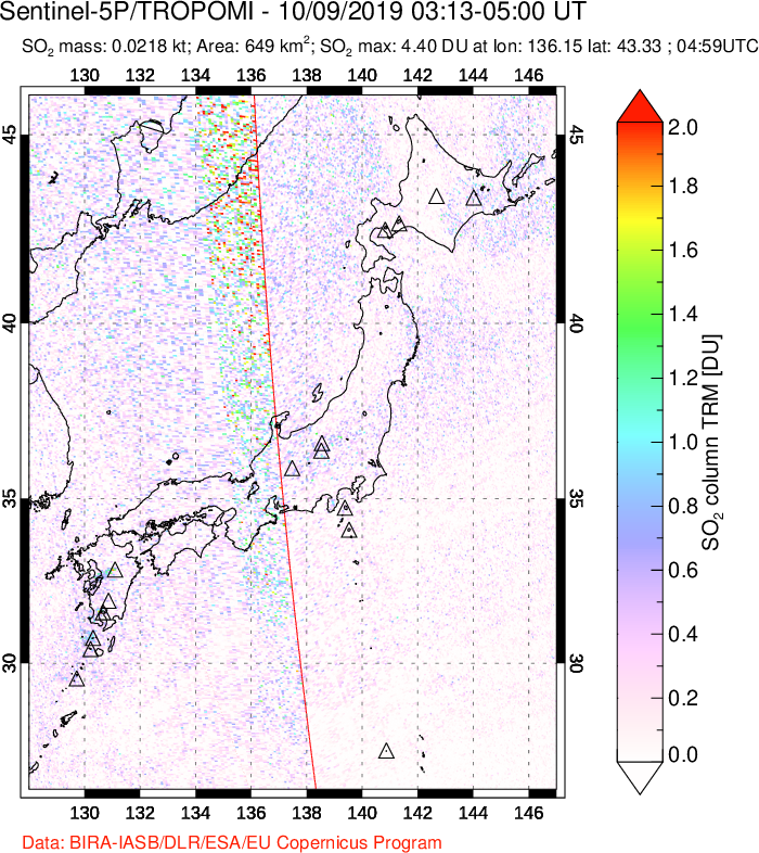 A sulfur dioxide image over Japan on Oct 09, 2019.