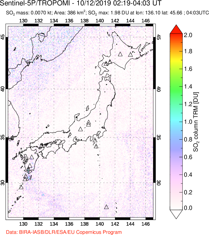 A sulfur dioxide image over Japan on Oct 12, 2019.