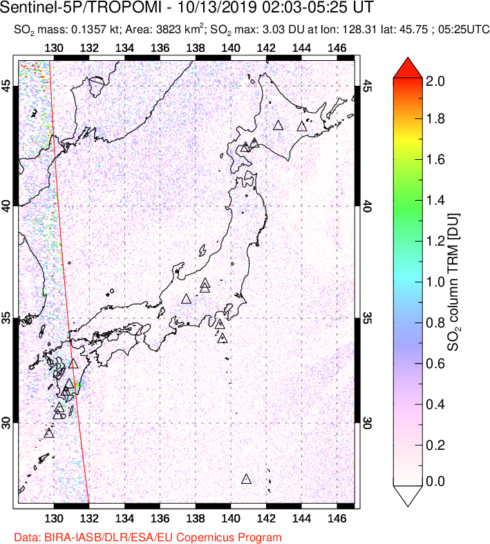 A sulfur dioxide image over Japan on Oct 13, 2019.