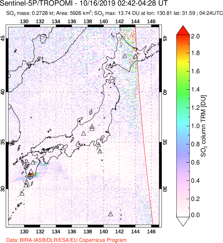 A sulfur dioxide image over Japan on Oct 16, 2019.