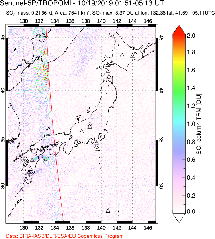 A sulfur dioxide image over Japan on Oct 19, 2019.