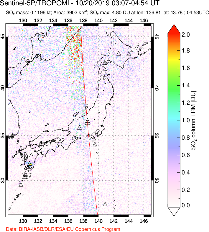 A sulfur dioxide image over Japan on Oct 20, 2019.