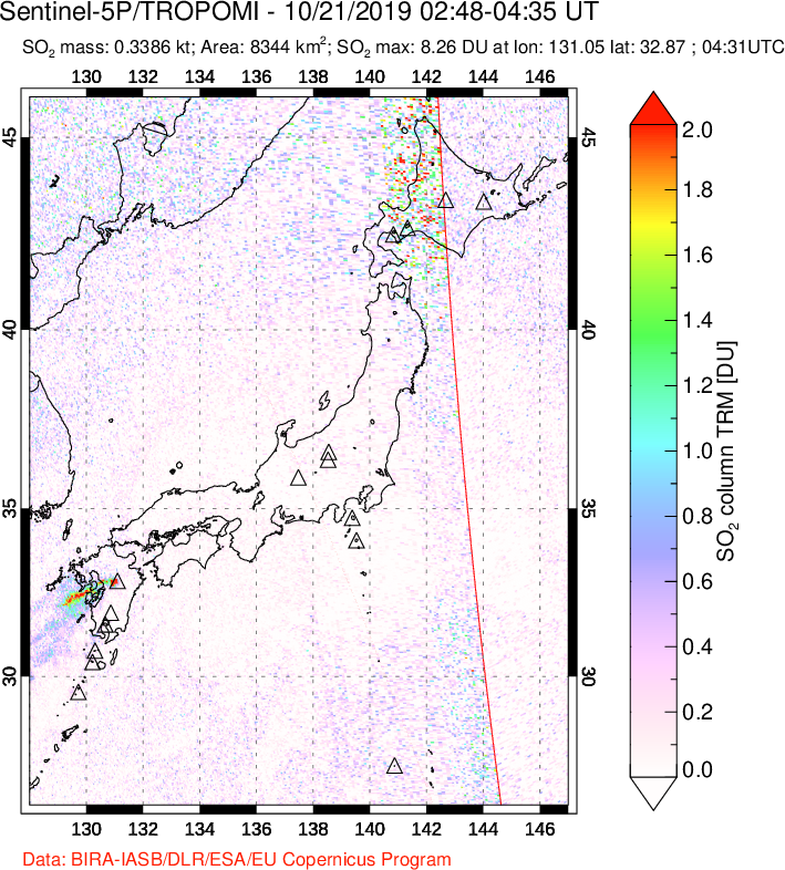 A sulfur dioxide image over Japan on Oct 21, 2019.