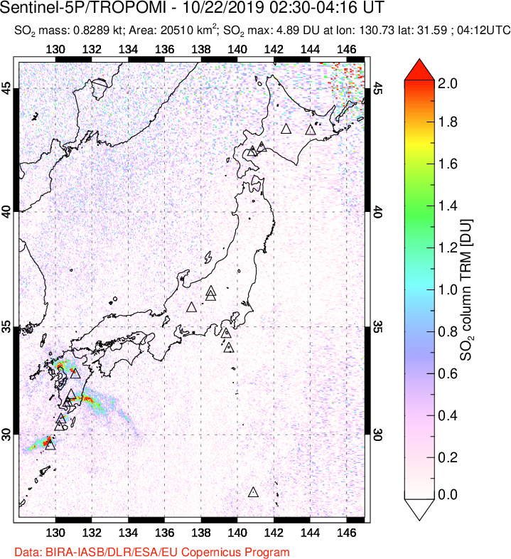 A sulfur dioxide image over Japan on Oct 22, 2019.