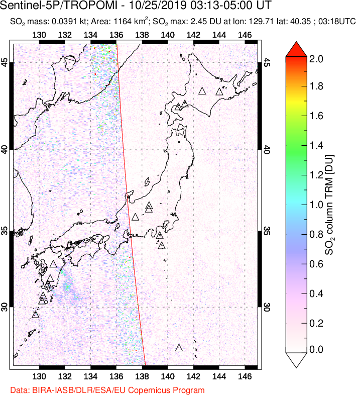 A sulfur dioxide image over Japan on Oct 25, 2019.