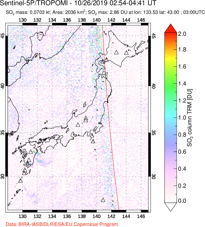 A sulfur dioxide image over Japan on Oct 26, 2019.