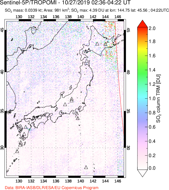 A sulfur dioxide image over Japan on Oct 27, 2019.