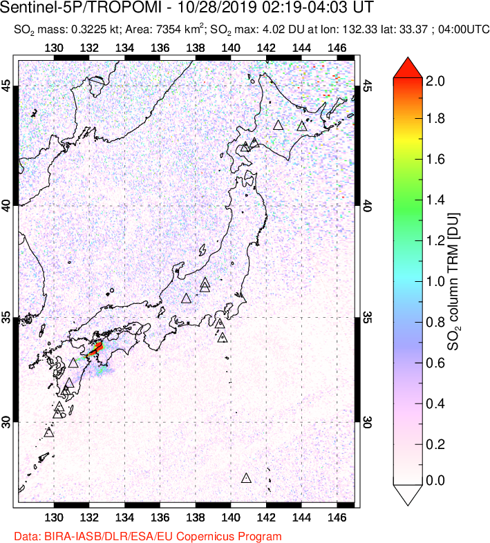 A sulfur dioxide image over Japan on Oct 28, 2019.
