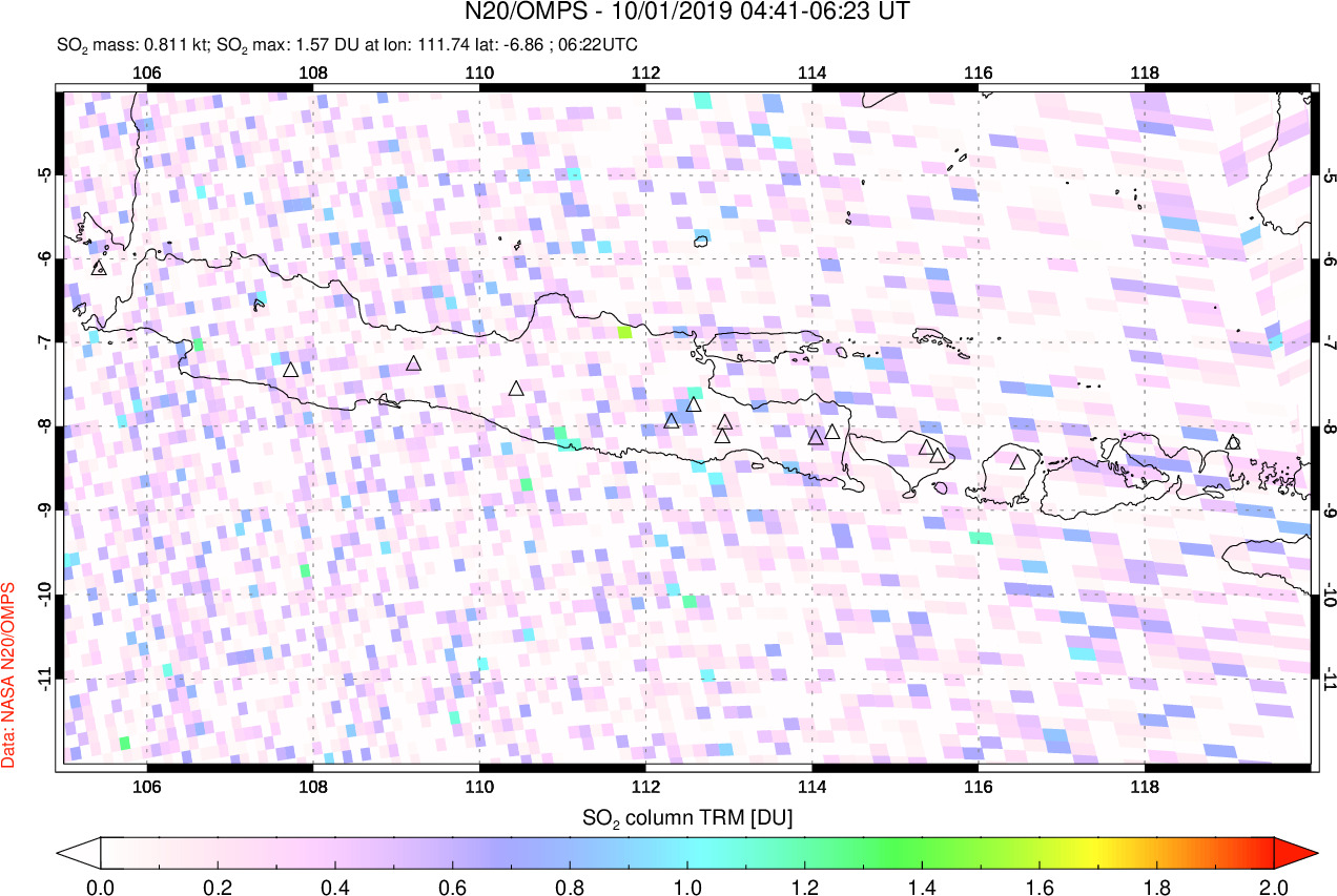 A sulfur dioxide image over Java, Indonesia on Oct 01, 2019.