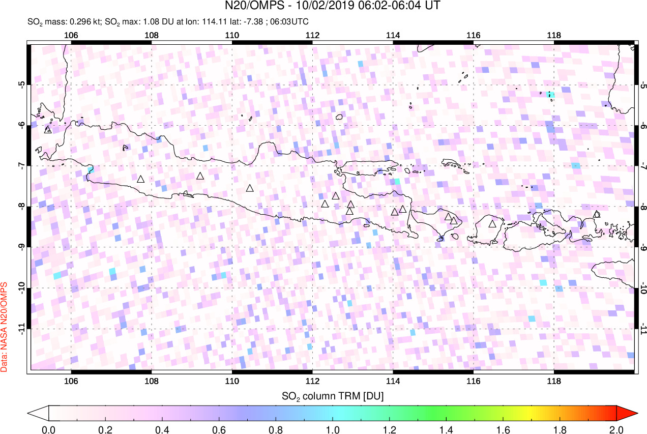 A sulfur dioxide image over Java, Indonesia on Oct 02, 2019.