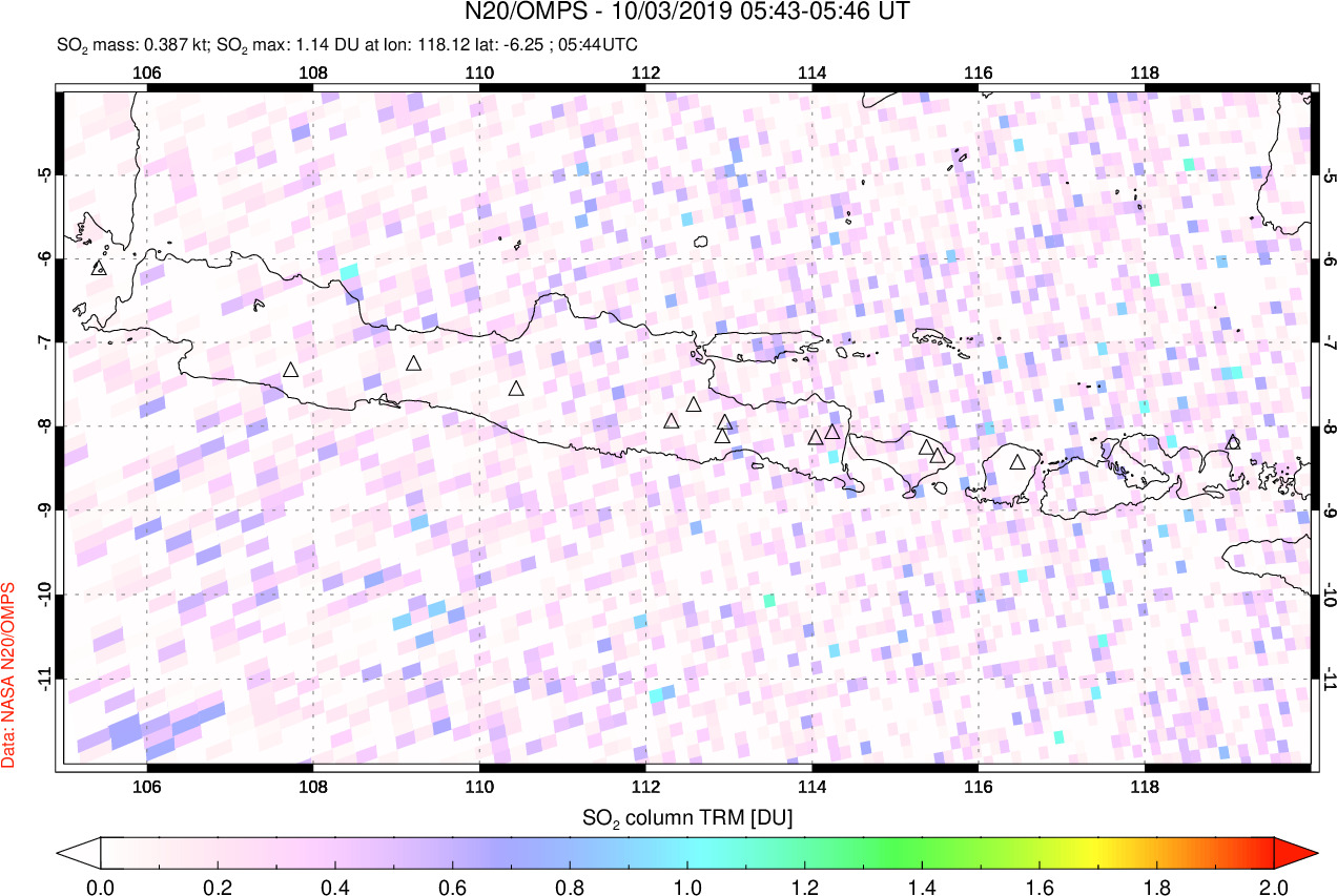 A sulfur dioxide image over Java, Indonesia on Oct 03, 2019.