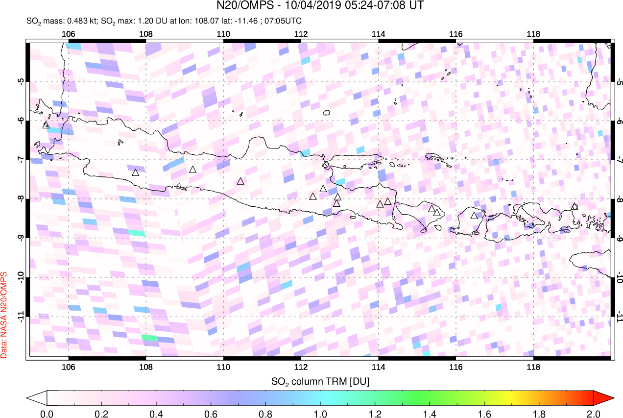 A sulfur dioxide image over Java, Indonesia on Oct 04, 2019.