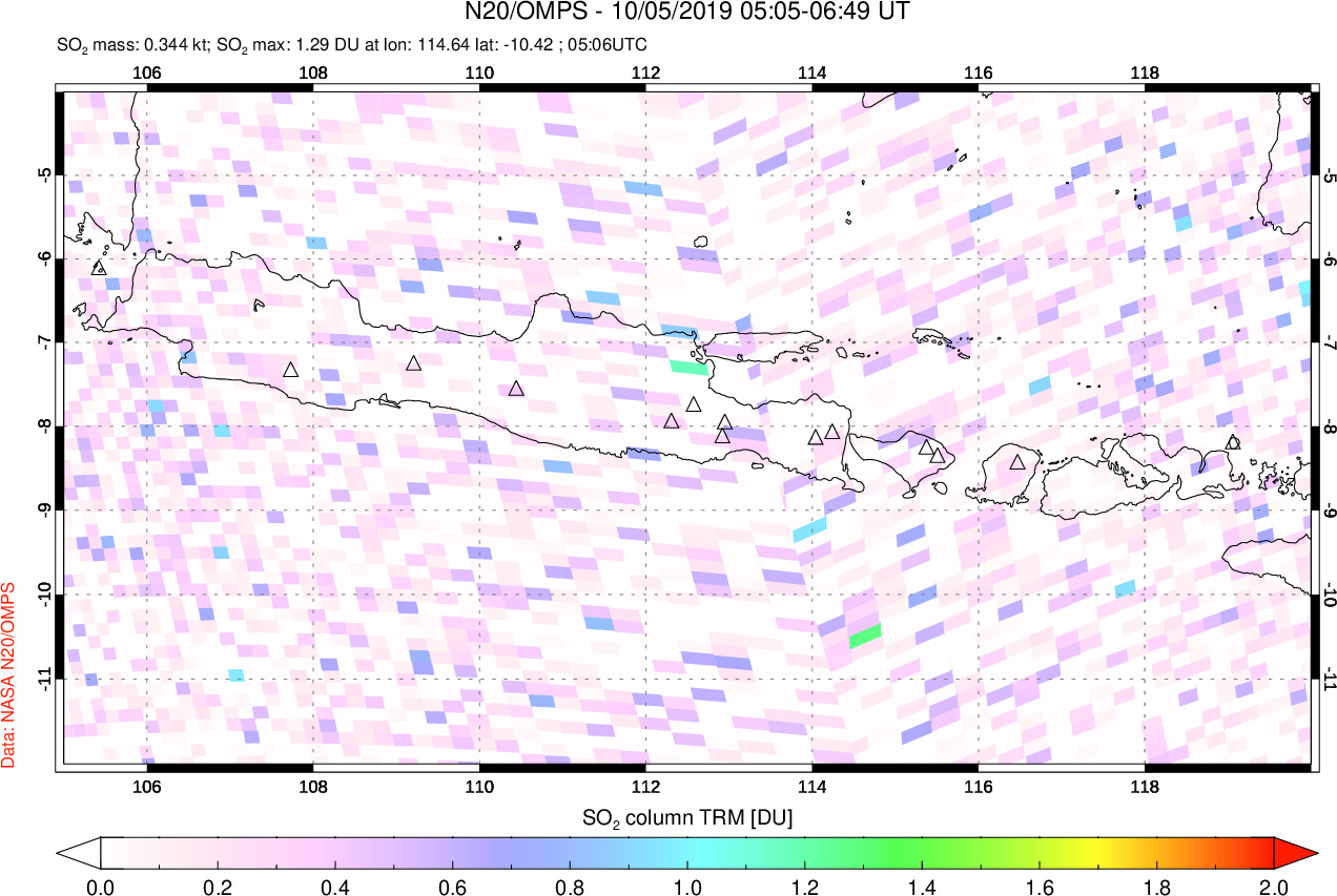 A sulfur dioxide image over Java, Indonesia on Oct 05, 2019.