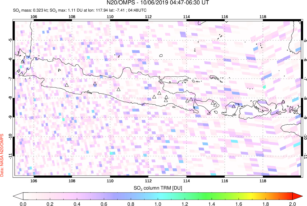 A sulfur dioxide image over Java, Indonesia on Oct 06, 2019.
