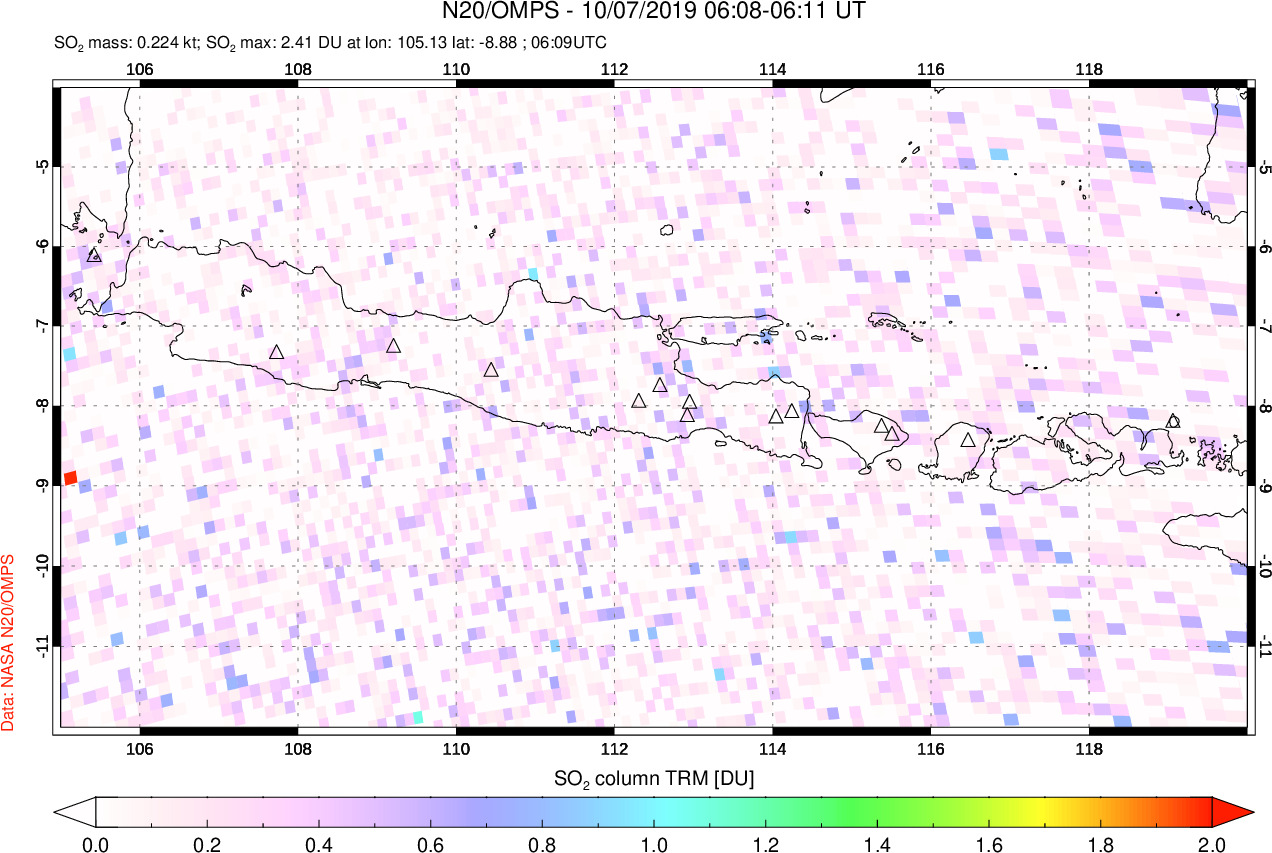 A sulfur dioxide image over Java, Indonesia on Oct 07, 2019.