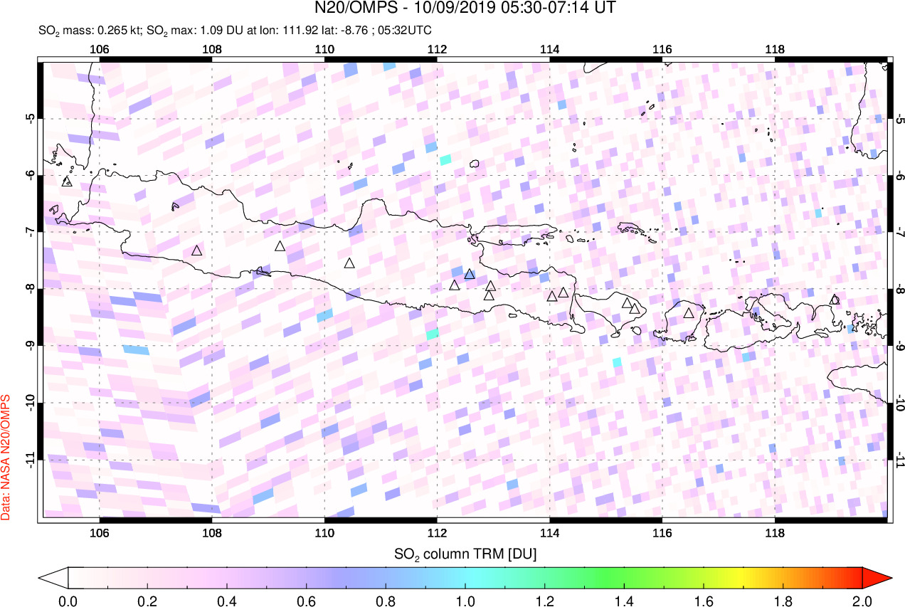 A sulfur dioxide image over Java, Indonesia on Oct 09, 2019.