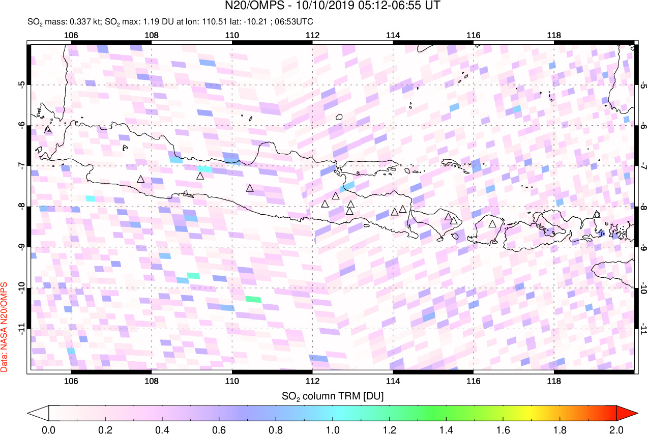 A sulfur dioxide image over Java, Indonesia on Oct 10, 2019.