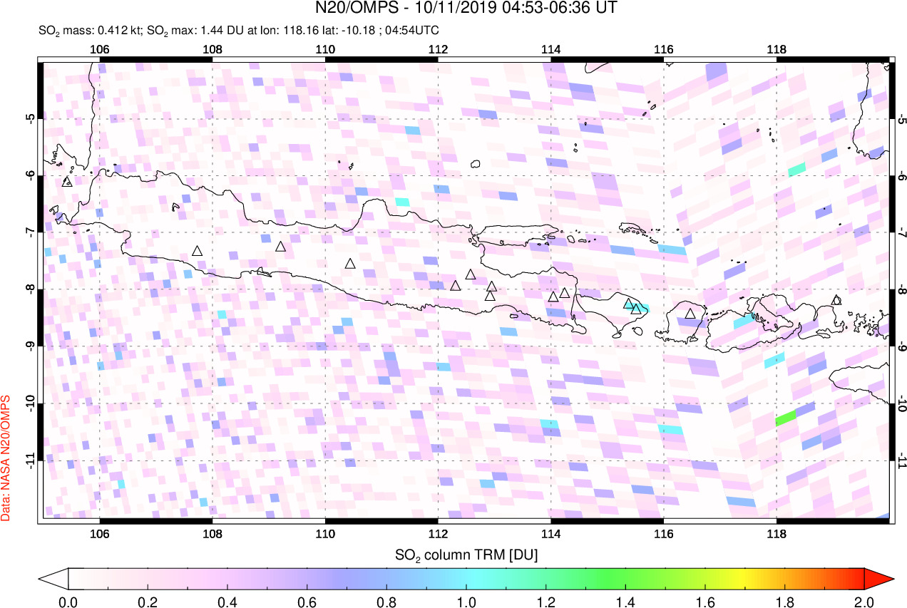A sulfur dioxide image over Java, Indonesia on Oct 11, 2019.