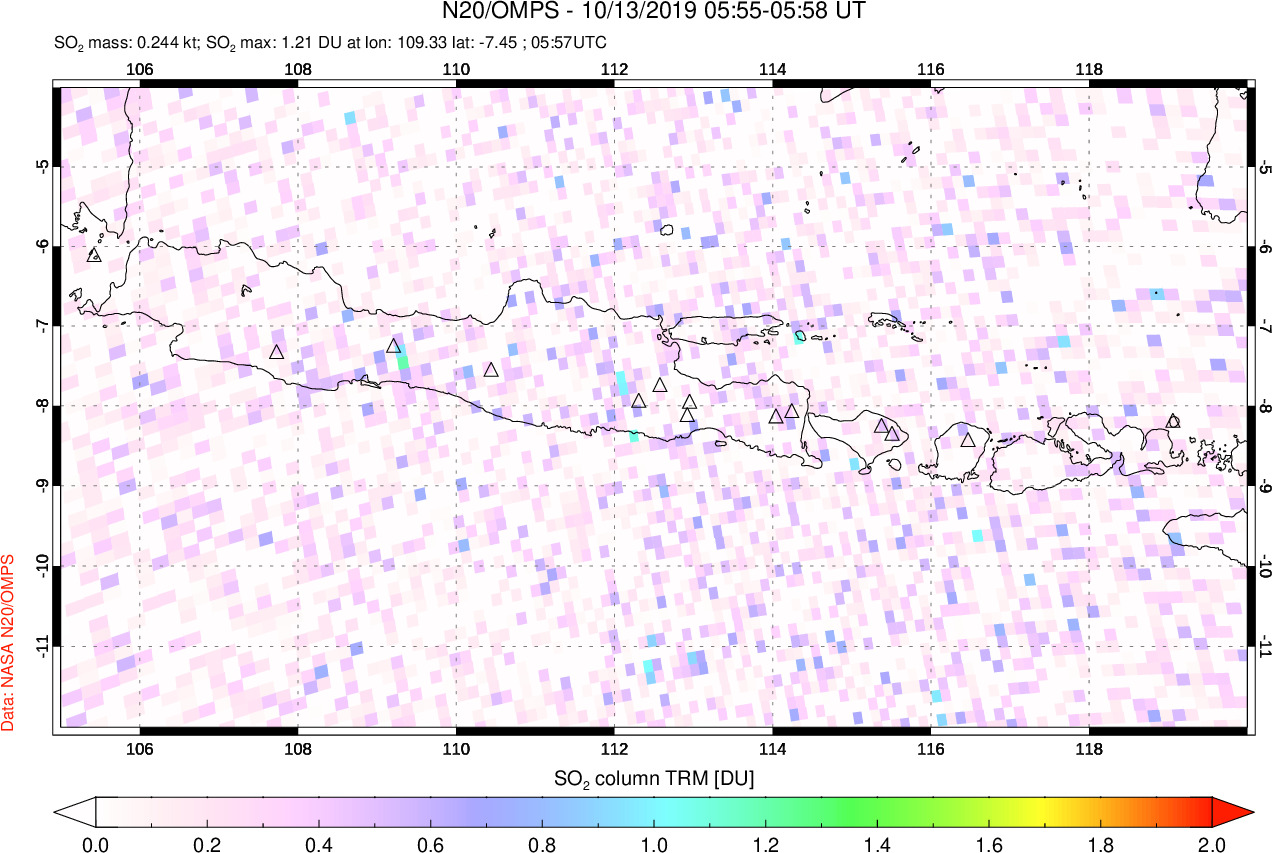 A sulfur dioxide image over Java, Indonesia on Oct 13, 2019.