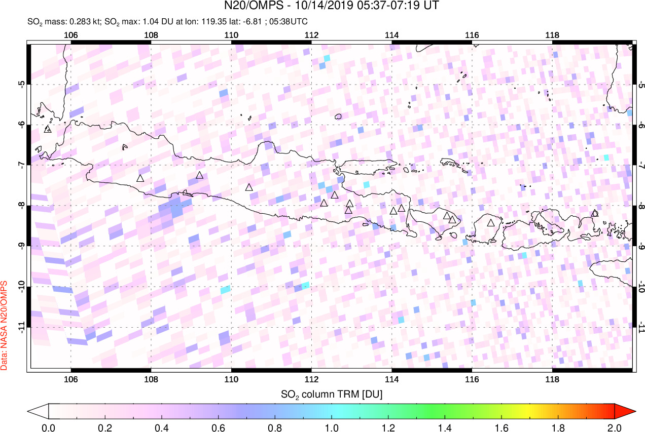 A sulfur dioxide image over Java, Indonesia on Oct 14, 2019.