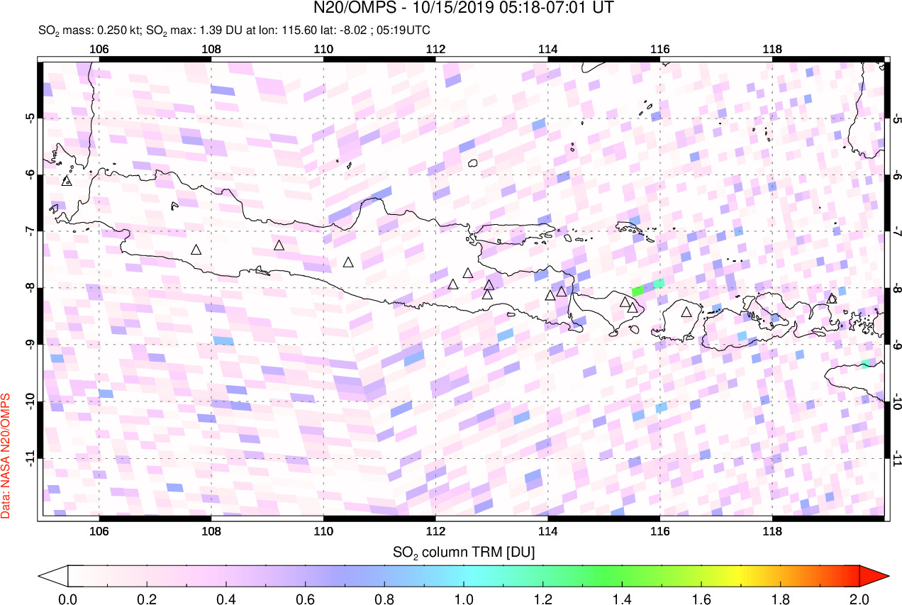 A sulfur dioxide image over Java, Indonesia on Oct 15, 2019.