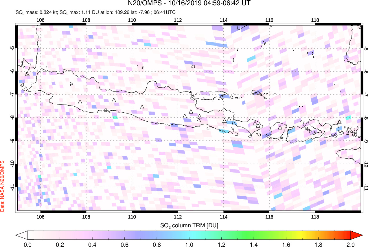 A sulfur dioxide image over Java, Indonesia on Oct 16, 2019.