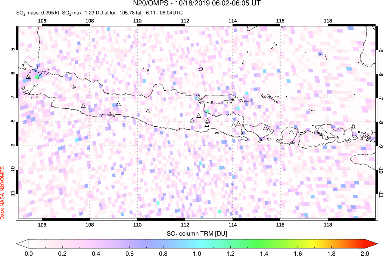 A sulfur dioxide image over Java, Indonesia on Oct 18, 2019.