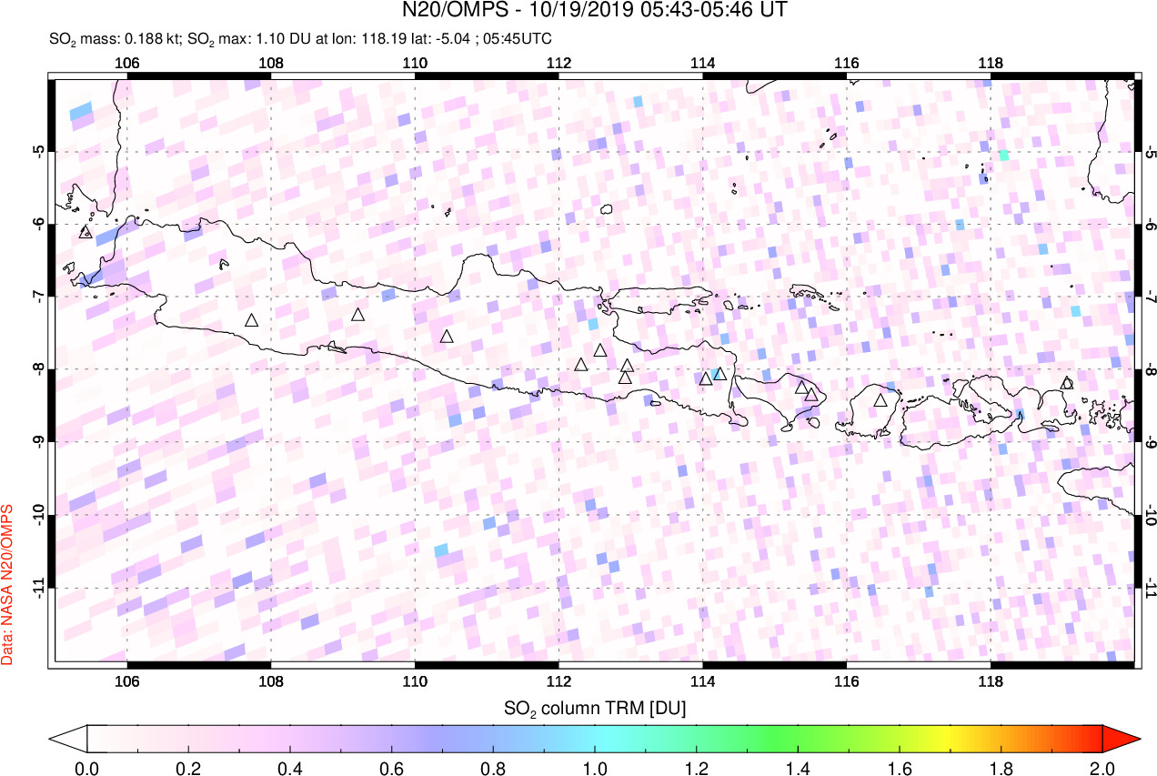 A sulfur dioxide image over Java, Indonesia on Oct 19, 2019.