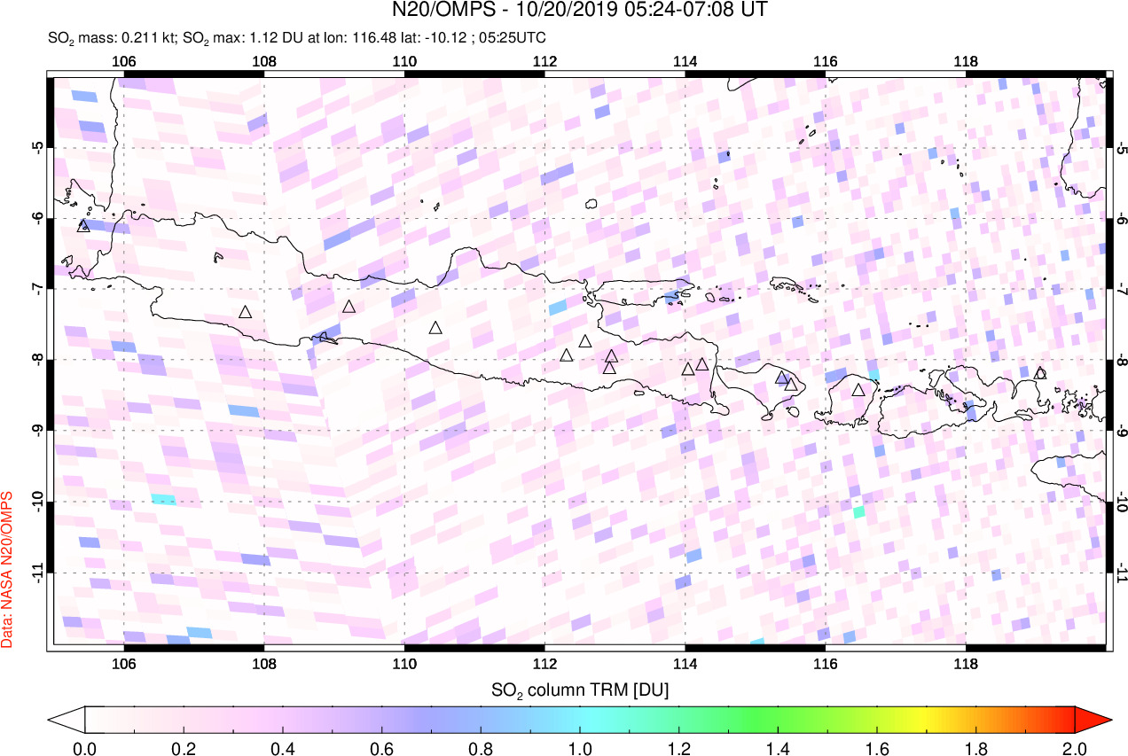 A sulfur dioxide image over Java, Indonesia on Oct 20, 2019.
