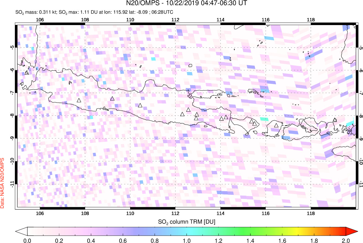 A sulfur dioxide image over Java, Indonesia on Oct 22, 2019.