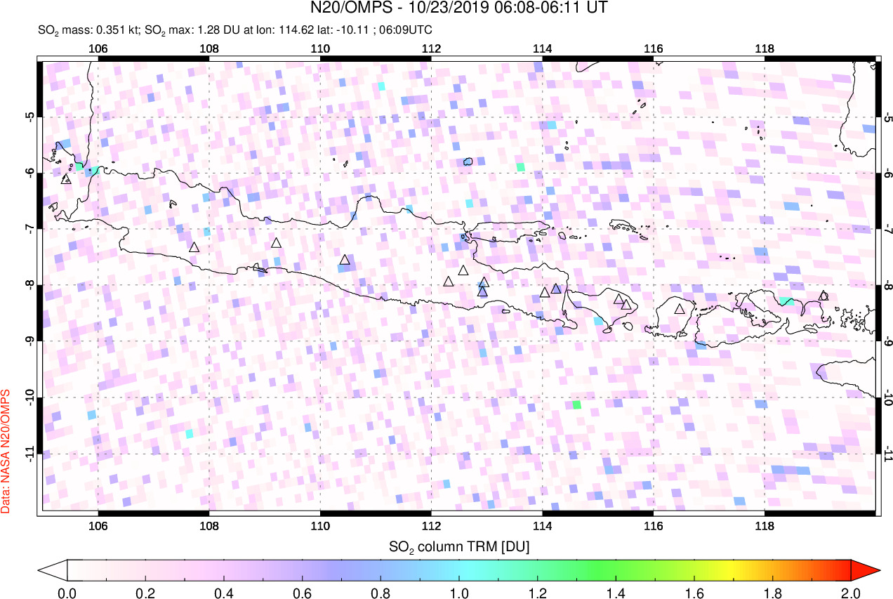 A sulfur dioxide image over Java, Indonesia on Oct 23, 2019.