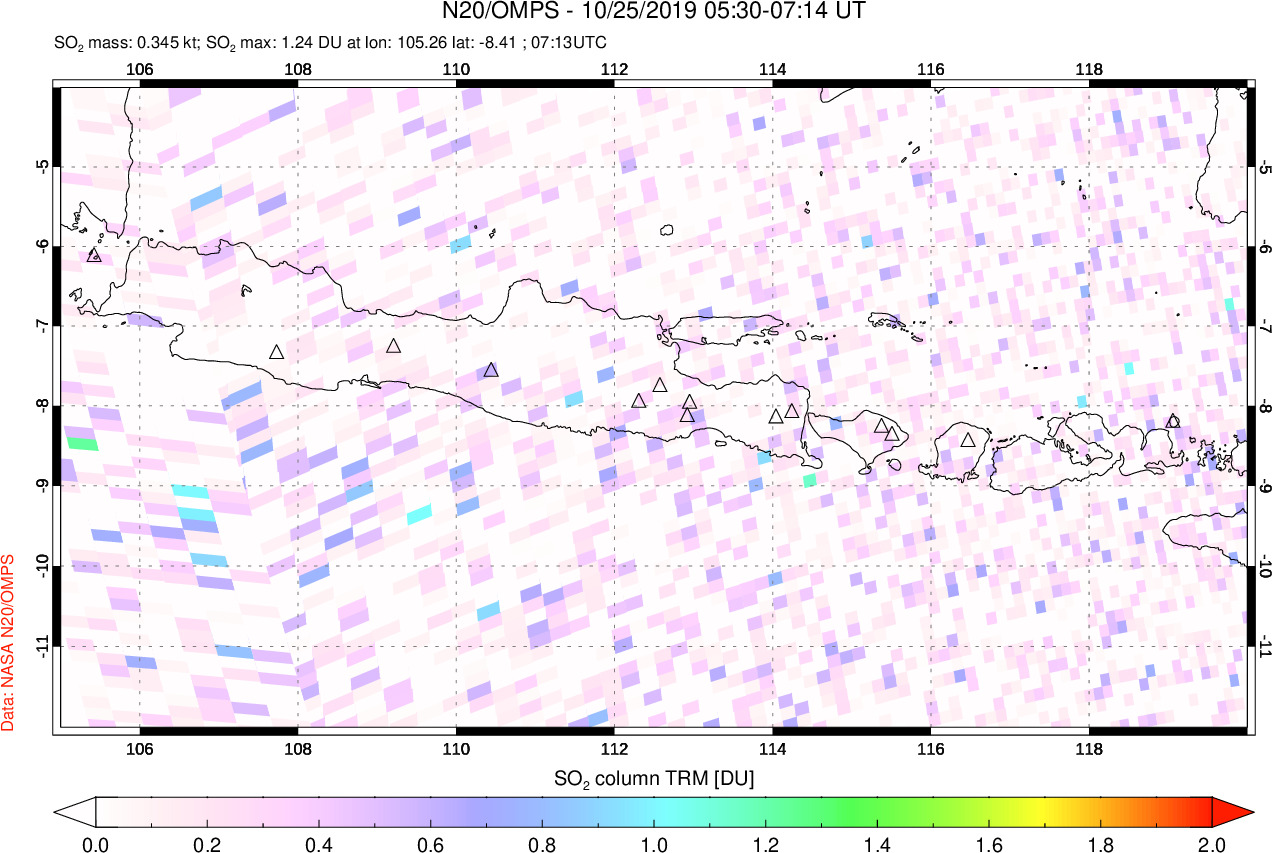 A sulfur dioxide image over Java, Indonesia on Oct 25, 2019.