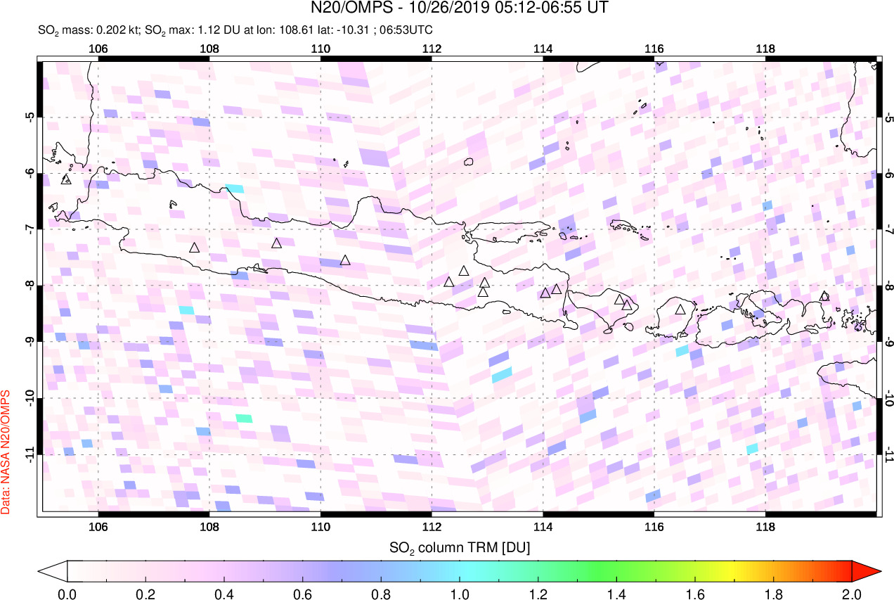 A sulfur dioxide image over Java, Indonesia on Oct 26, 2019.
