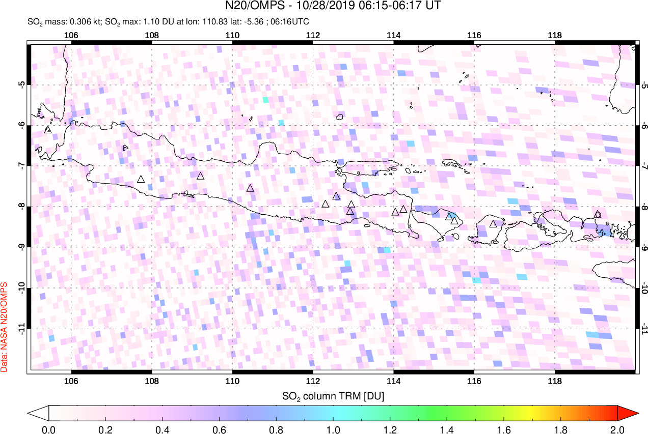 A sulfur dioxide image over Java, Indonesia on Oct 28, 2019.