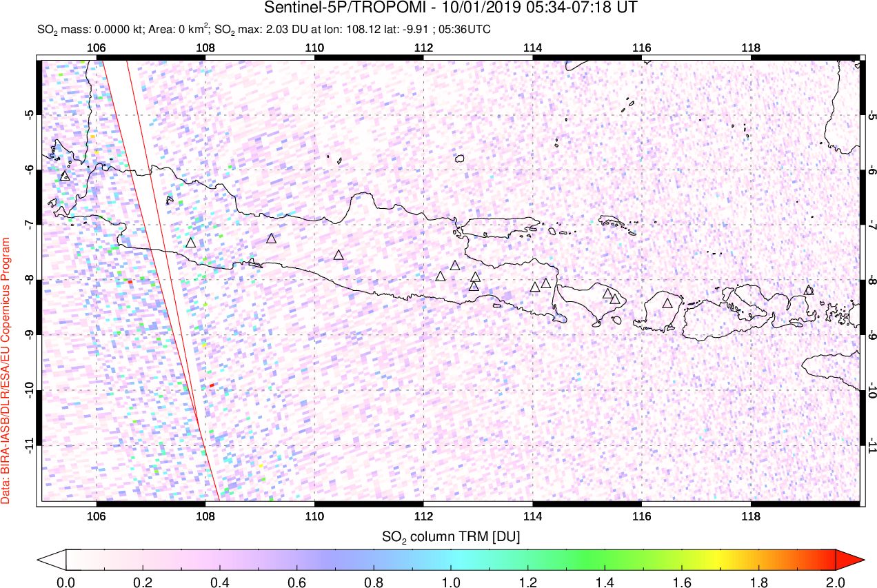 A sulfur dioxide image over Java, Indonesia on Oct 01, 2019.