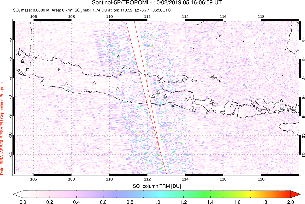 A sulfur dioxide image over Java, Indonesia on Oct 02, 2019.