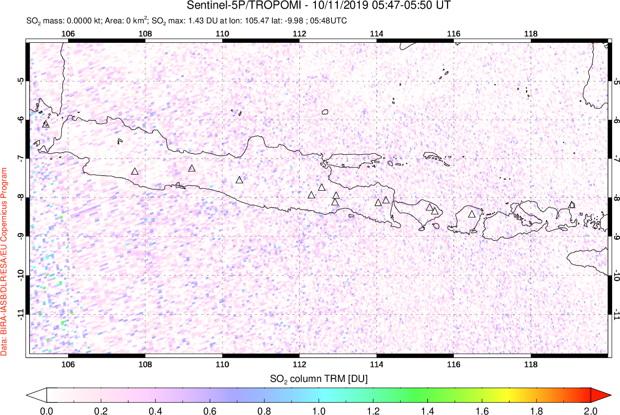 A sulfur dioxide image over Java, Indonesia on Oct 11, 2019.