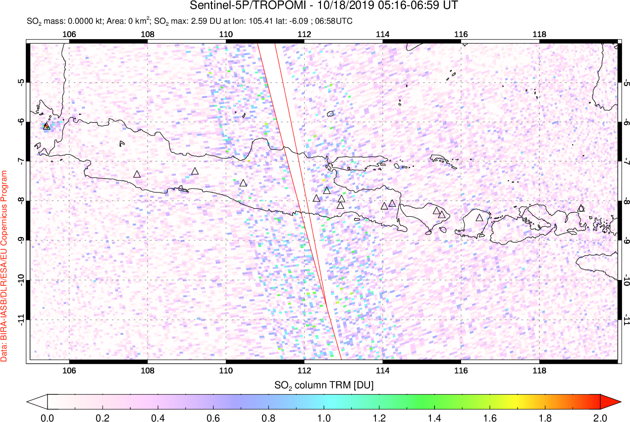 A sulfur dioxide image over Java, Indonesia on Oct 18, 2019.