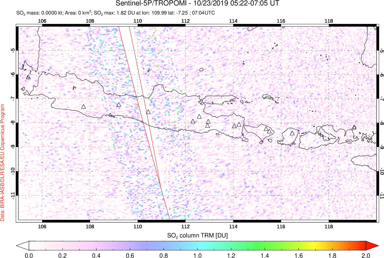 A sulfur dioxide image over Java, Indonesia on Oct 23, 2019.