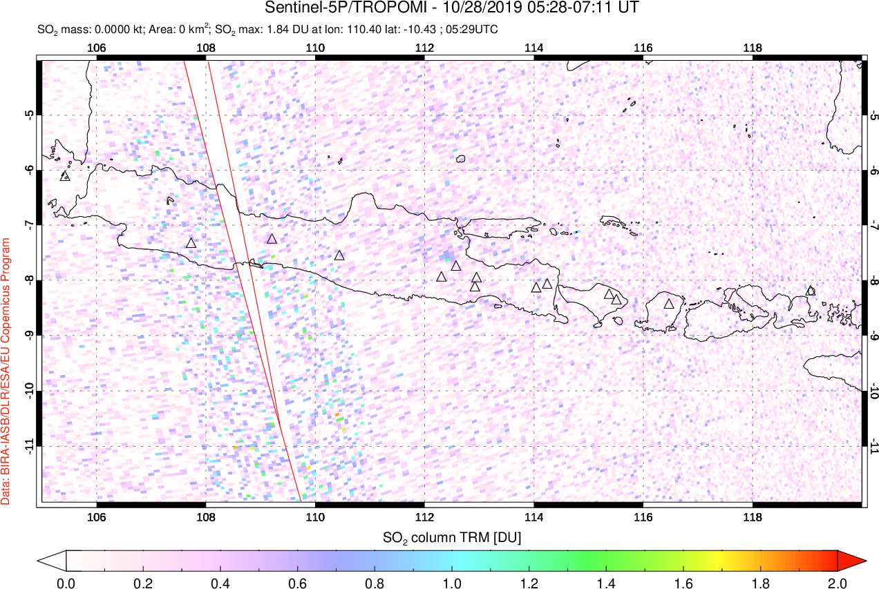A sulfur dioxide image over Java, Indonesia on Oct 28, 2019.