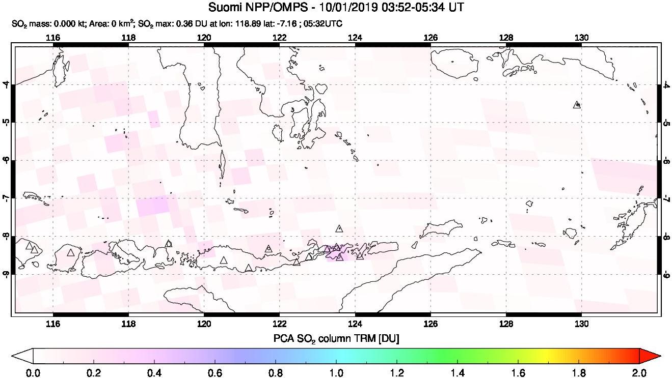 A sulfur dioxide image over Lesser Sunda Islands, Indonesia on Oct 01, 2019.