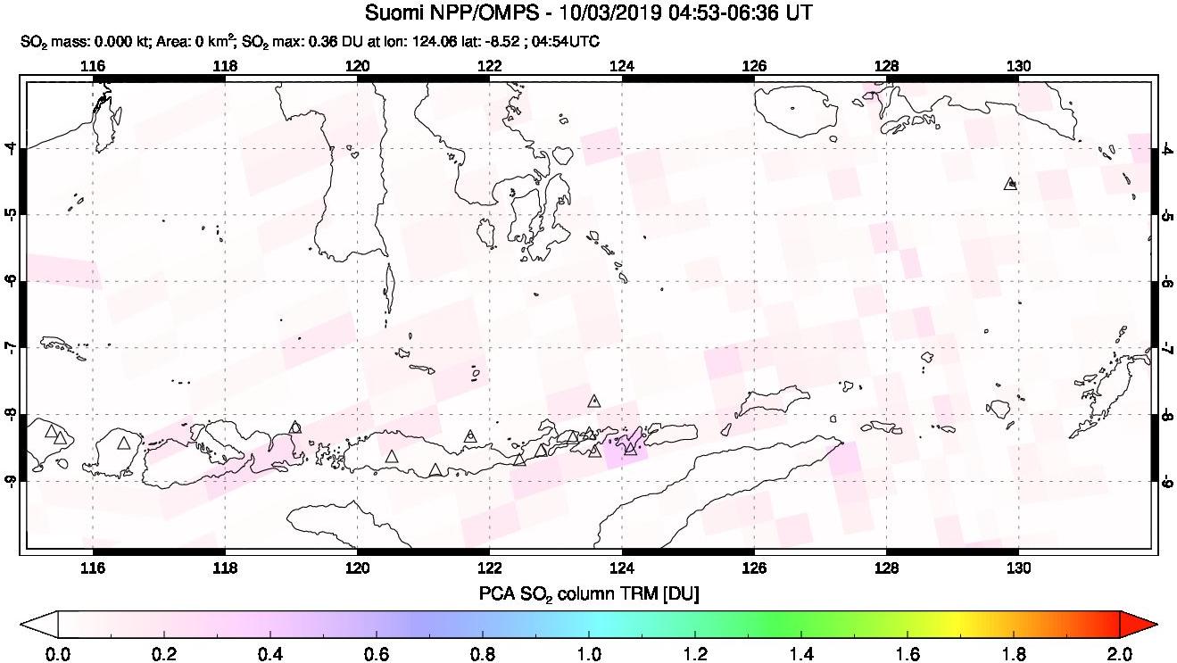 A sulfur dioxide image over Lesser Sunda Islands, Indonesia on Oct 03, 2019.
