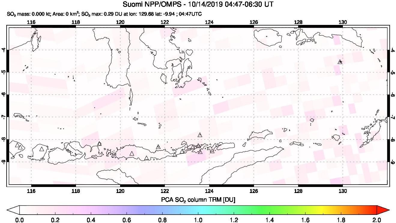 A sulfur dioxide image over Lesser Sunda Islands, Indonesia on Oct 14, 2019.