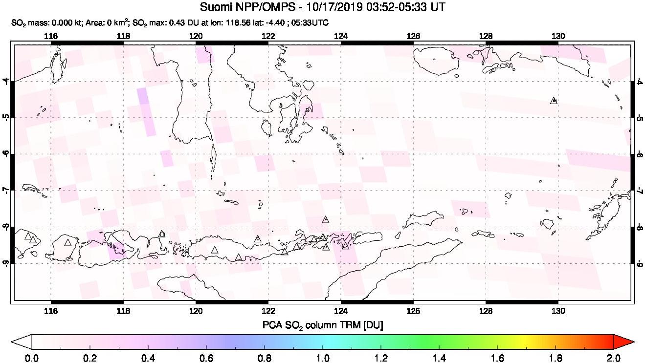 A sulfur dioxide image over Lesser Sunda Islands, Indonesia on Oct 17, 2019.